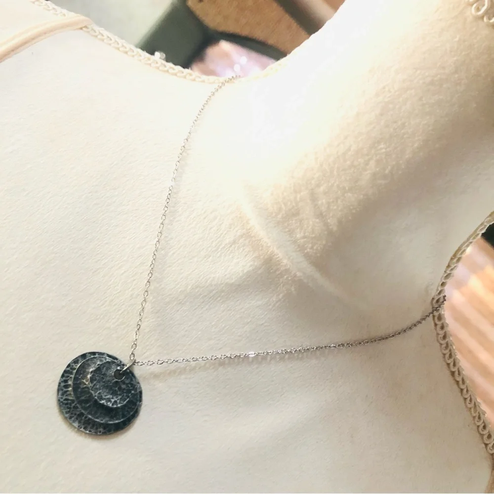 Handcrafted dual layer hammered metal pendant on chain necklace